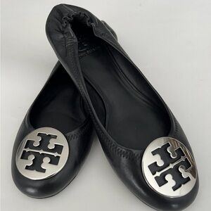 Tory Burch Reva Leather Travel Ballet Flat Black Silver Size 8 1/2